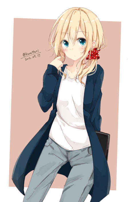 1girl blonde_hair blouse blue_coat blue_eyes blush coat collarbone cowboy_shot dated denim eyebrows_visible_through_hair hair_ornament hair_scrunchie holding jeans looking_at_viewer original pants polka_dot polka_dot_scrunchie red_scrunchie scrunchie shiina_kuro solo standing twitter_username white_blouse