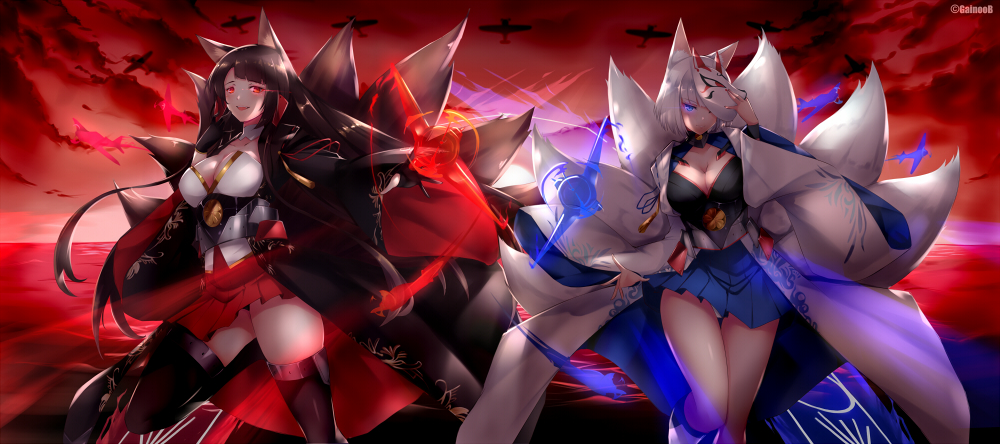 2girls akagi_(azur_lane) animal_ears azur_lane bangs black_hair blue_eyes blush breasts brown_hair cleavage eyebrows_visible_through_hair fox_ears fox_tail gainoob gloves japanese_clothes kaga_(azur_lane) large_breasts long_hair looking_at_viewer mask multiple_girls multiple_tails open_mouth red_eyes short_hair skirt smile tail white_hair wide_sleeves