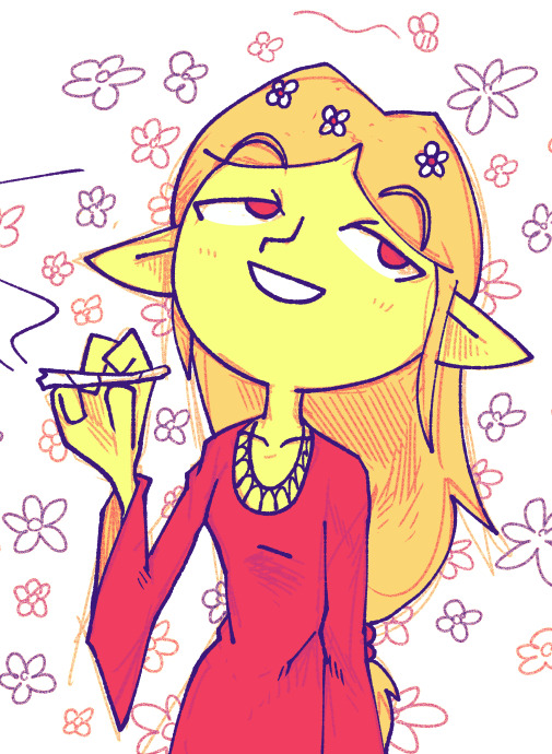 1girl blonde_hair commentary dress drugs elf english_commentary eyebrows_visible_through_hair floral_background hand_up limited_palette long_hair long_sleeves marijuana original pointy_ears pun red_dress red_eyes setz smile smoke solo