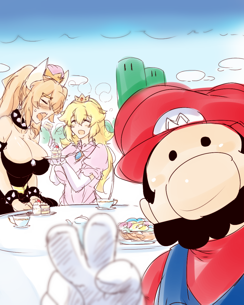 1boy 2girls armlet bare_shoulders black_dress blonde_hair bowser bowsette bracelet breasts cake collar crown dress earrings facial_hair food fork genderswap genderswap_(mtf) highres horns jewelry karakure_(kamo-nanban) large_breasts mario super_mario_bros. multiple_girls mustache new_super_mario_bros._u_deluxe nintendo overalls pink_dress plate ponytail princess_peach sharing_food sharp_teeth slice_of_cake spiked_bracelet spiked_collar spikes strapless strapless_dress strawberry_shortcake super_crown super_mario_bros. teeth v