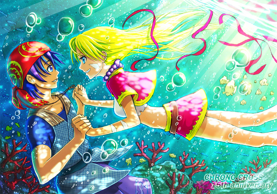 1boy 1girl bandanna blonde_hair blue_eyes blue_hair breasts chrono_cross commentary_request graphite_(medium) jewelry kid_(chrono_cross) long_hair midriff necklace pavelnedved11 serge short_hair skirt smile traditional_media underwater vest