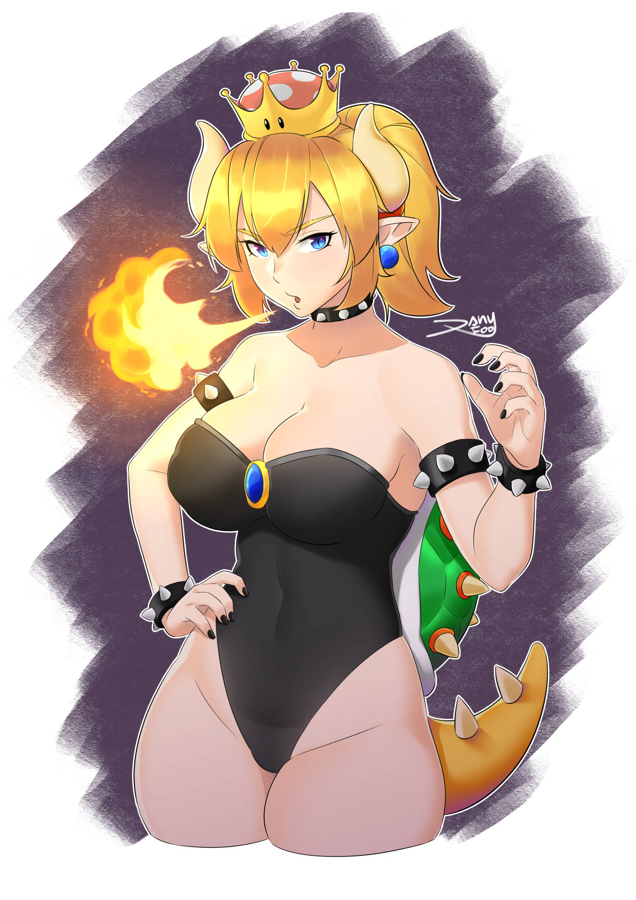 1girl bare_shoulders black_leotard blonde_hair blue_eyes bowsette bracelet breasts breathing_fire cleavage collar collarbone cropped_legs danyfoo earrings eyebrows_visible_through_hair fire hair_between_eyes hand_on_hip highleg highleg_leotard highres horns jewelry large_breasts leotard super_mario_bros. nail_polish new_super_mario_bros._u_deluxe nintendo pointy_ears signature solo spiked_armlet spiked_bracelet spiked_collar spiked_shell spiked_tail spikes super_crown thick_thighs thighs