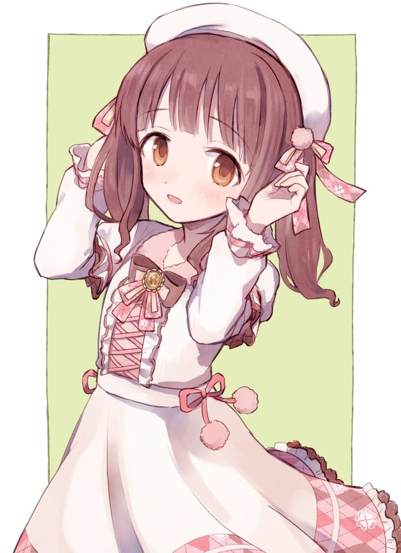 1girl argyle beret blush bow bowtie brooch brown_eyes brown_hair commentary cowboy_shot dress eyebrows_visible_through_hair frilled_dress frills hair_ribbon hat idolmaster idolmaster_cinderella_girls idolmaster_cinderella_girls_starlight_stage jewelry long_hair long_sleeves looking_at_viewer ogata_chieri open_mouth pom_pom_(clothes) ribbon short_over_long_sleeves short_sleeves simple_background solo soto twintails