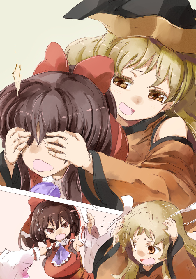 2girls ascot bare_shoulders blonde_hair bow breasts brown_eyes brown_hair detached_sleeves hair_bow hakurei_reimu hands_on_own_head hands_over_eyes hat large_breasts matara_okina multiple_girls ofuda open_mouth smile touhou upper_body yellow_eyes