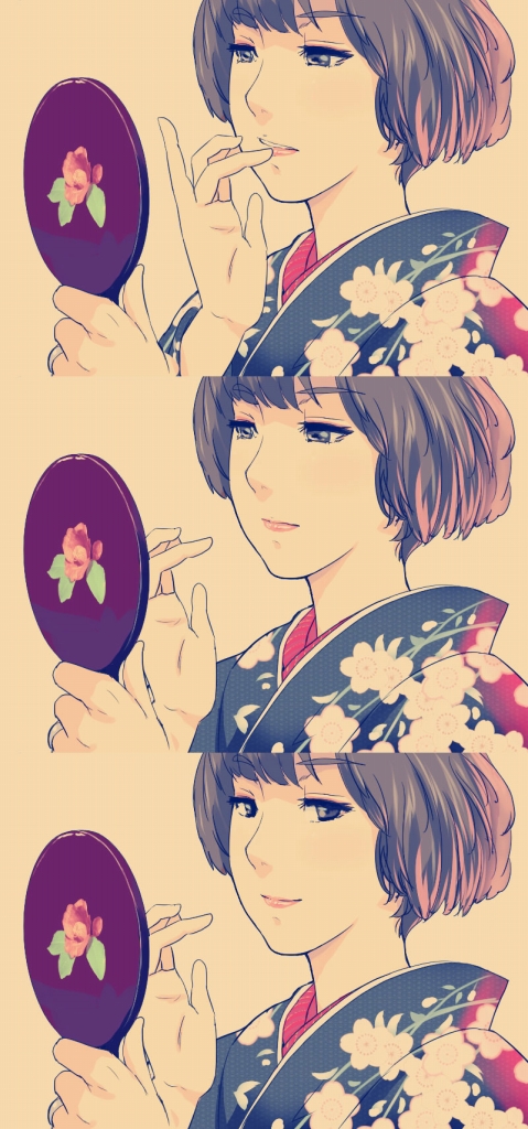 1girl applying_makeup black_eyes blue_kimono bob_cut brown_hair closed_mouth commentary_request eyebrows_visible_through_hair floral_print japanese_clothes kimono lipstick looking_at_viewer makeup mirror munakata_(hisahige) original pink_lipstick simple_background smile solo yellow_background