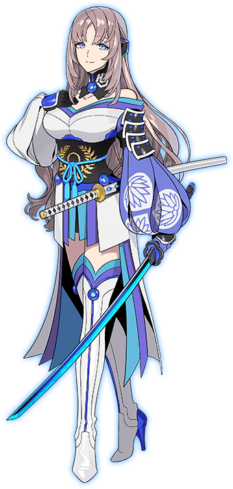 1girl armor blue_eyes boots detached_collar full_body holding holding_weapon japanese_armor japanese_clothes long_hair looking_at_viewer official_art outline reki_connect shoulder_armor smile sode solo sword thigh-highs thigh_boots tokugawa_fumika transparent_background weapon white_footwear