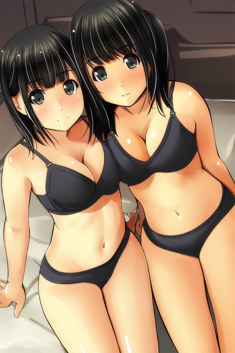 2girls bangs bare_arms bare_shoulders black_bra black_eyes black_hair black_panties blush bra breasts cleavage closed_mouth commentary_request eyebrows_visible_through_hair fingernails highres long_hair looking_at_viewer matsunaga_kouyou medium_breasts multiple_girls navel nose_blush original panties parted_lips shiny shiny_skin sitting smile underwear underwear_only