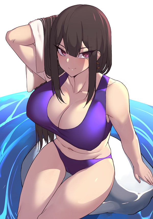 1girl arm_behind_head arm_up bangs bare_shoulders bikini black_hair blush breasts cleavage closed_mouth collarbone earrings eyelashes hips jewelry k_jin large_breasts long_hair looking_at_viewer mole mole_under_eye navel original purple_bikini rock simple_background sitting smile solo swimsuit thighs towel violet_eyes waist water white_background