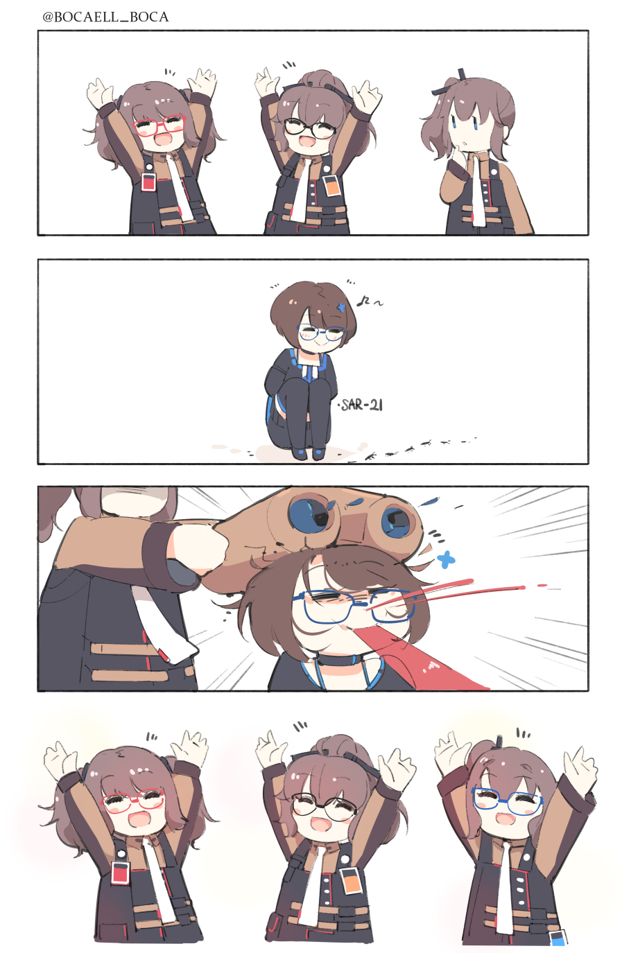 4girls 4koma ags-30_(girls_frontline) ant arms_up blood boca brown_hair bug chibi closed_eyes comic girls_frontline glasses highres insect military military_uniform multiple_girls necktie open_mouth sar-21_(girls_frontline) sitting thigh-highs uniform