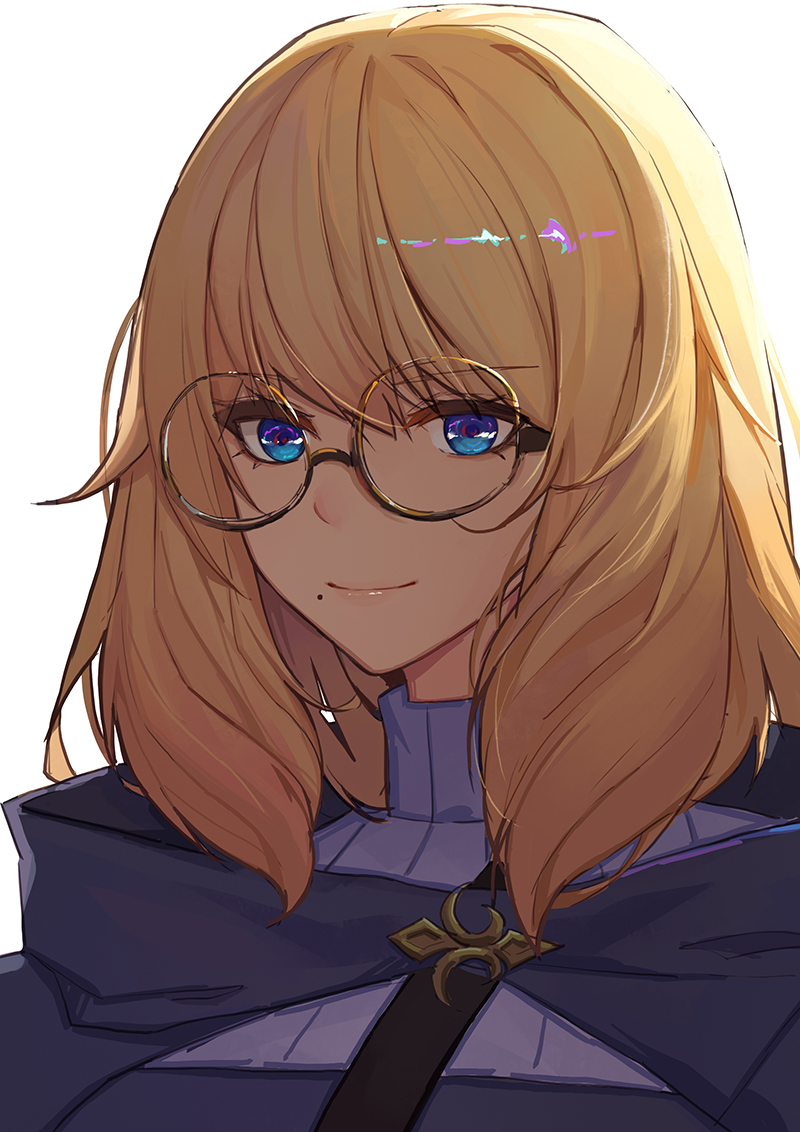 1girl backlighting bangs blonde_hair blue_cape blue_eyes cape commentary_request eyebrows_visible_through_hair final_fantasy final_fantasy_xiv glasses long_hair looking_at_viewer mole mole_under_mouth pink_lips portrait round_eyewear simple_background solo turtleneck white_background yellow-tinted_glasses youxuemingdie