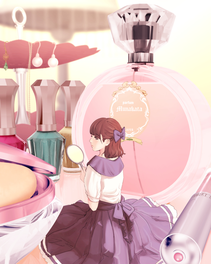 1girl bangs blurry blurry_background bottle bow brown_eyes brown_hair closed_mouth commentary cosmetics depth_of_field eyebrows_visible_through_hair from_behind hair_bow holding lipstick_tube long_skirt looking_at_viewer looking_back mirror munakata_(hisahige) original perfume_bottle pleated_skirt purple_bow purple_skirt short_sleeves sitting skirt solo