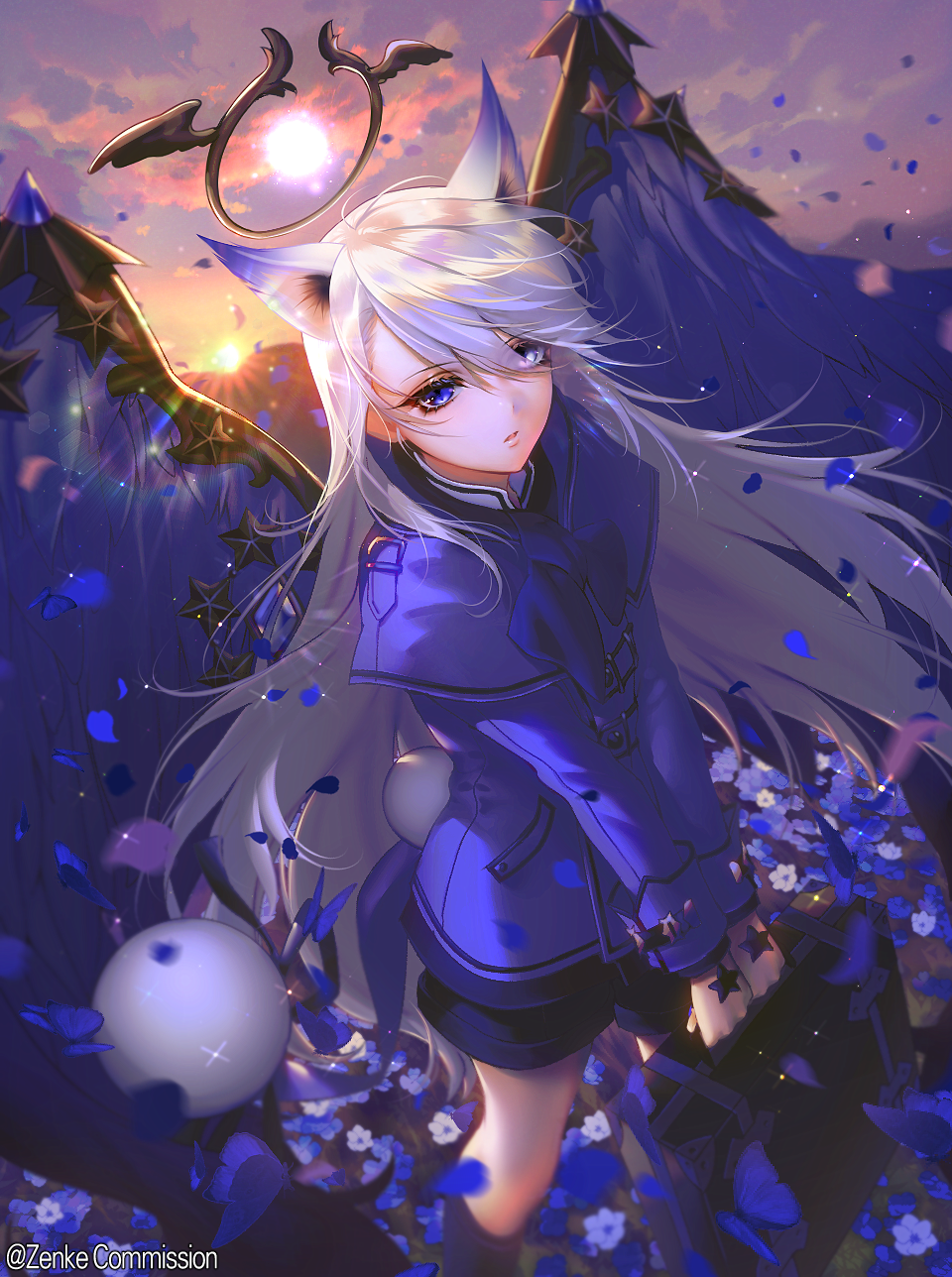 1girl bangs black_shorts blue_capelet blue_coat blue_eyes blue_flower blue_wings bug butterfly capelet clouds coat feathered_wings flower halo highres holding insect kneehighs long_hair looking_at_viewer mabinogi parted_lips shorts silver_hair sky solo suitcase sun sunset swept_bangs very_long_hair wings winter_clothes winter_coat zenke