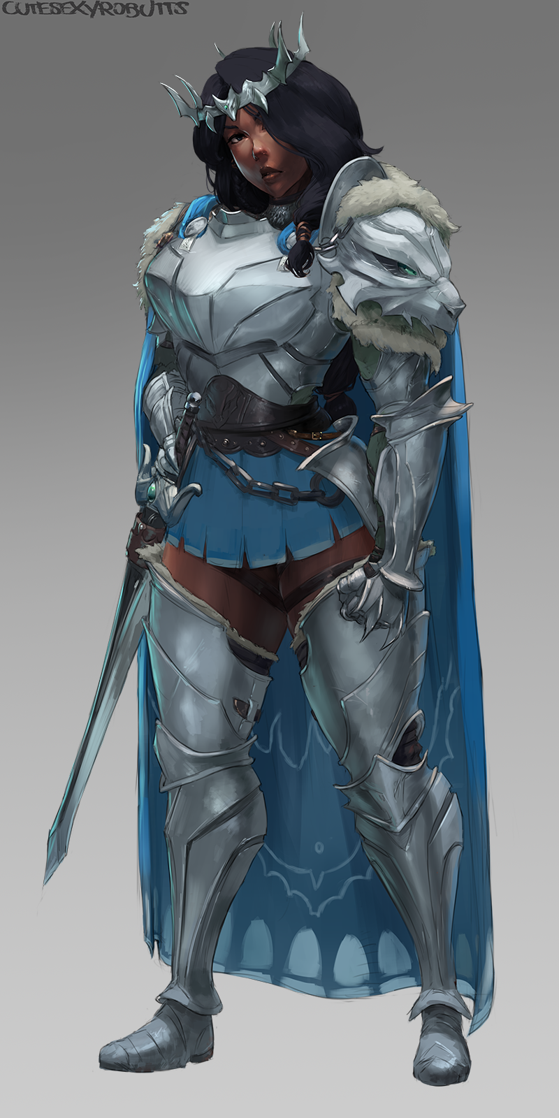 1girl armor artist_name black_hair brown_eyes cape chains circlet cutesexyrobutts dark_skin gauntlets gradient gradient_background grey_background hand_on_hilt highres long_hair looking_at_viewer original parted_lips sheath sheathed signature skirt solo sword thick_thighs thighs weapon