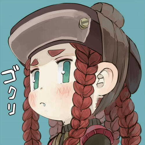 1girl blue_background braid brown_hair brown_hat closed_mouth commentary_request copy_x ebimomo fang fang_out green_eyes hat lowres portrait quad_tails simple_background solo