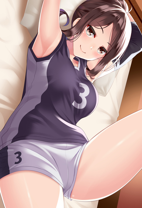 1girl armpits arms_up bangs bed bed_sheet blue_shirt blush breasts brown_eyes brown_hair closed_mouth commentary_request elbow_pads eyebrows_visible_through_hair gym_shorts gym_uniform huyumitsu indoors long_hair looking_at_viewer lying medium_breasts number on_back on_bed original pillow shirt shorts sleeveless sleeveless_shirt smile solo sportswear thighs track_and_field track_uniform uniform white_shorts