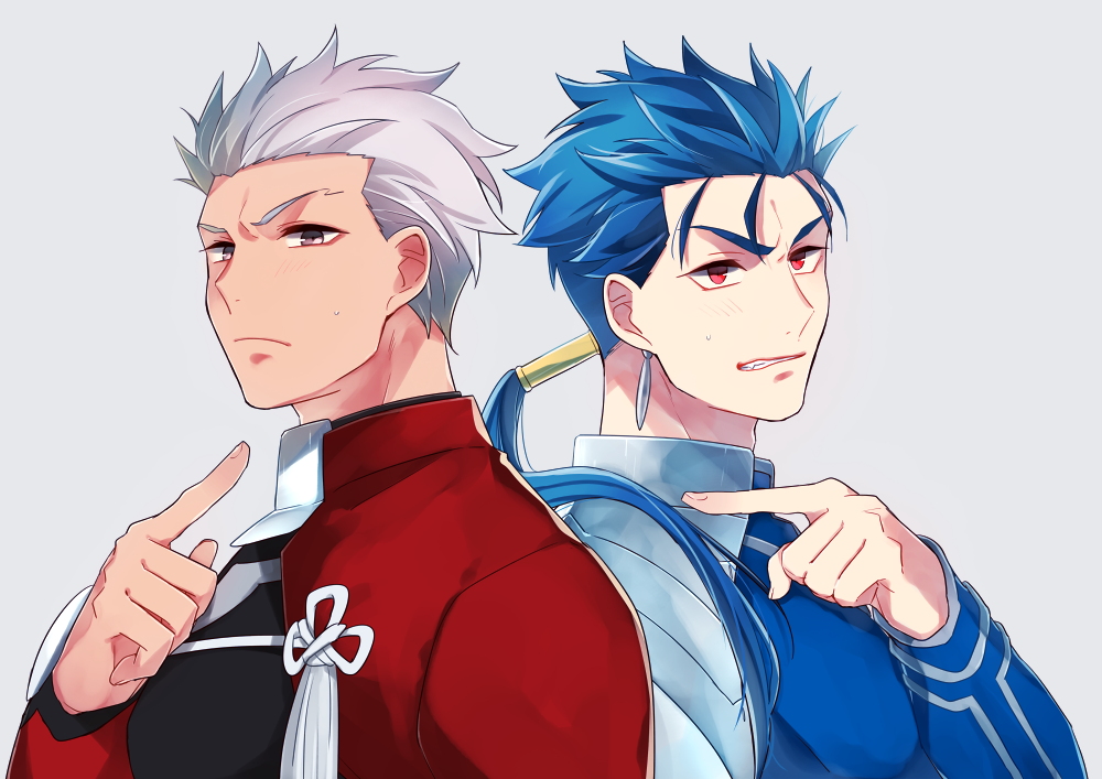 2boys archer bberry blue_hair clenched_teeth closed_mouth earrings fate/stay_night fate_(series) frown glaring grey_background grey_eyes grey_hair jewelry lancer long_hair looking_at_viewer male_focus multiple_boys pointing ponytail red_eyes scowl simple_background teeth upper_body