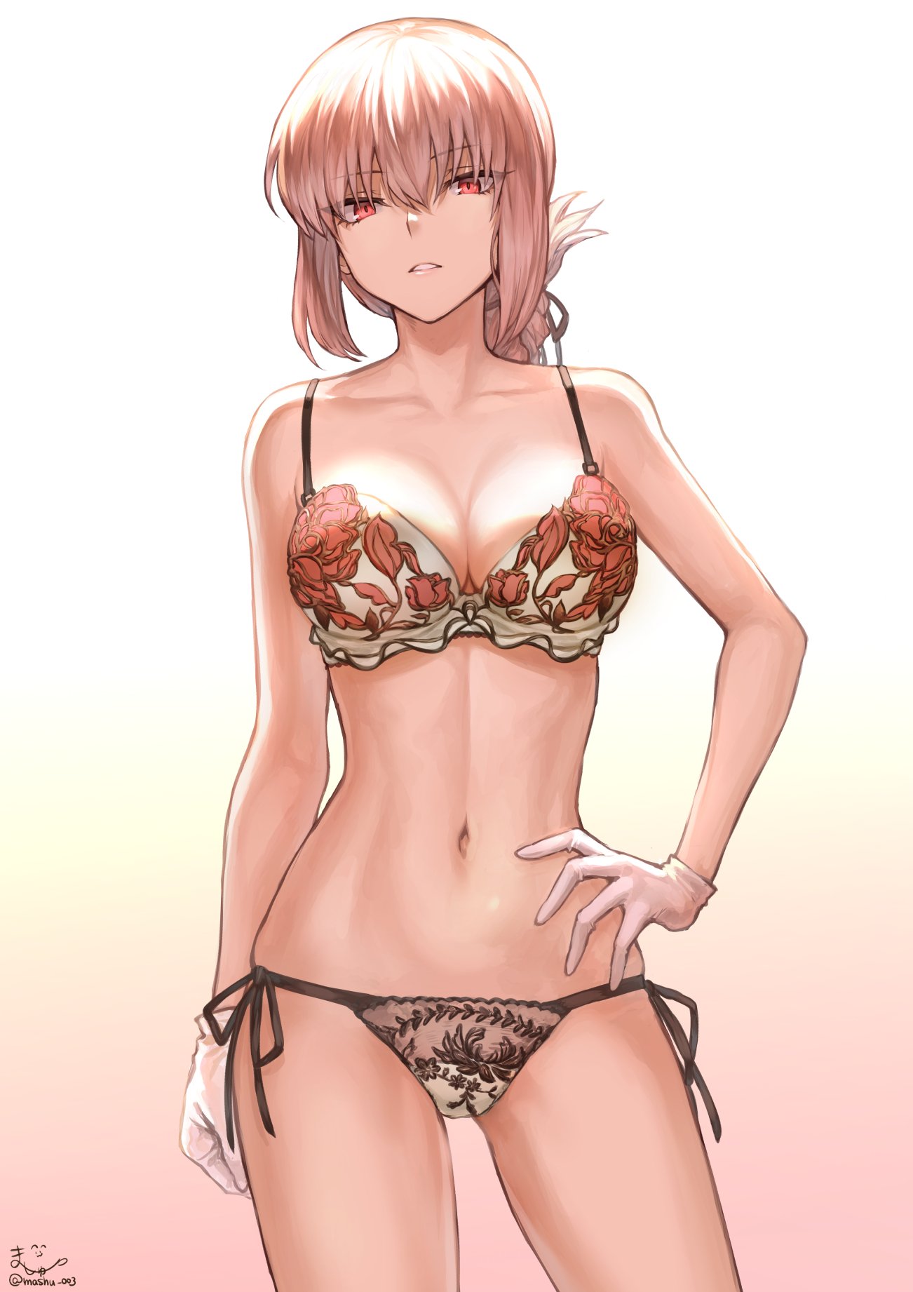 1girl alternate_costume ass_visible_through_thighs bare_arms bare_legs bare_shoulders bra breasts cleavage commentary_request contrapposto cowboy_shot eyebrows_visible_through_hair fate/grand_order fate_(series) floral_print florence_nightingale_(fate/grand_order) gloves gradient gradient_background highres large_breasts long_hair looking_at_viewer mashu_003 midriff multicolored multicolored_background navel panties parted_lips pink_hair red_eyes rose_print see-through side-tie_panties signature solo standing thighs twitter_username underwear underwear_only white_bra white_gloves
