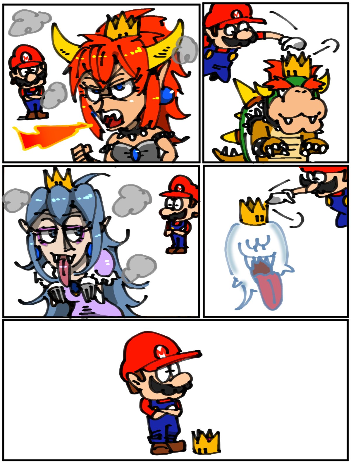 2boys boo bowser bowsette breathing_fire collar comic fire highres horns luigi's_mansion male_focus mario super_mario_bros. multiple_boys new_super_mario_bros._u_deluxe nintendo princess_king_boo short_sleeves silent_comic spiked_collar spikes super_crown thinking transformation