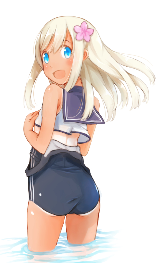 1girl ass back bangs blue_eyes blush comah crop_top flower from_behind hair_between_eyes hair_flower hair_ornament kantai_collection long_hair looking_at_viewer looking_back one-piece_swimsuit one-piece_tan open_mouth ro-500_(kantai_collection) sailor_collar school_swimsuit school_uniform serafuku simple_background smile solo swimsuit swimsuit_under_clothes tan tanline thighs water white_hair