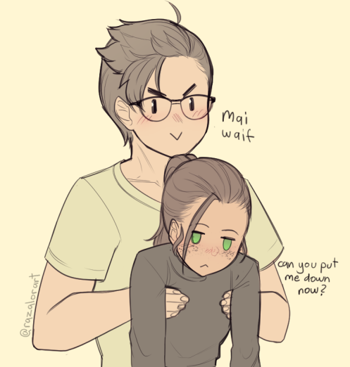 1boy 1girl :&gt; :&lt; black-framed_eyewear blush brown_hair carrying commentary couple english english_commentary freckles glasses green_eyes hetero long_hair original ponytail razalor simple_background twitter_username upper_body v-shaped_eyebrows yellow_background |_|