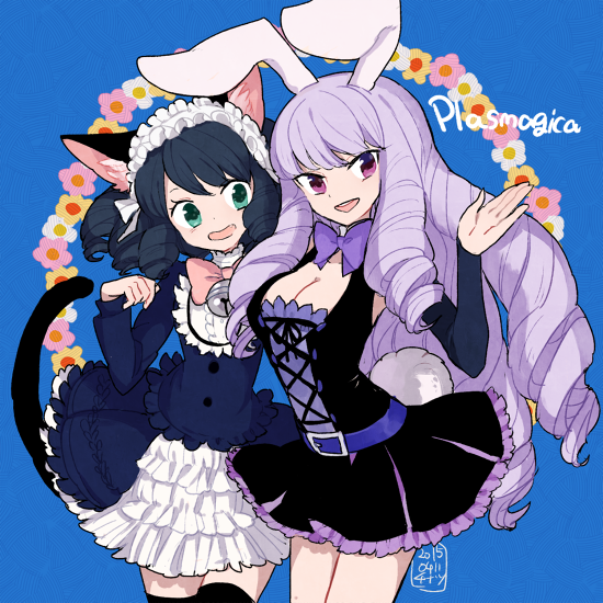 2girls :d animal_ear_fluff animal_ears bangs bell belt blue_background blue_hair breasts bunny_tail cat_ears cat_girl cat_tail chuchu_(show_by_rock!!) cleavage cowboy_shot cross-laced_clothes curly_hair cyan_(show_by_rock!!) dated dot_nose dress drill_hair fang flower frills gothic_lolita green_eyes hand_up jingle_bell l_hakase large_breasts lavender_hair lolita_fashion long_hair long_sleeves looking_at_viewer maid_headdress multiple_girls open_mouth rabbit_ears ringlets short_hair show_by_rock!! signature smile tail tareme tsurime upper_teeth very_long_hair violet_eyes waving
