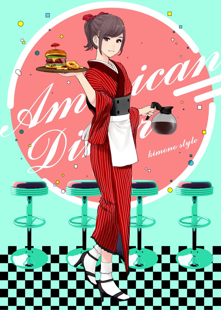 1girl apron black_footwear bow brown_eyes brown_hair coffee_pot food from_side hair_bow hamburger high_heels holding japanese_clothes kimono looking_at_viewer maid_apron munakata_(hisahige) obi original parted_lips ponytail red_bow red_kimono sash smile socks solo standing stool toothpick tray wa_maid waist_apron white_apron white_legwear