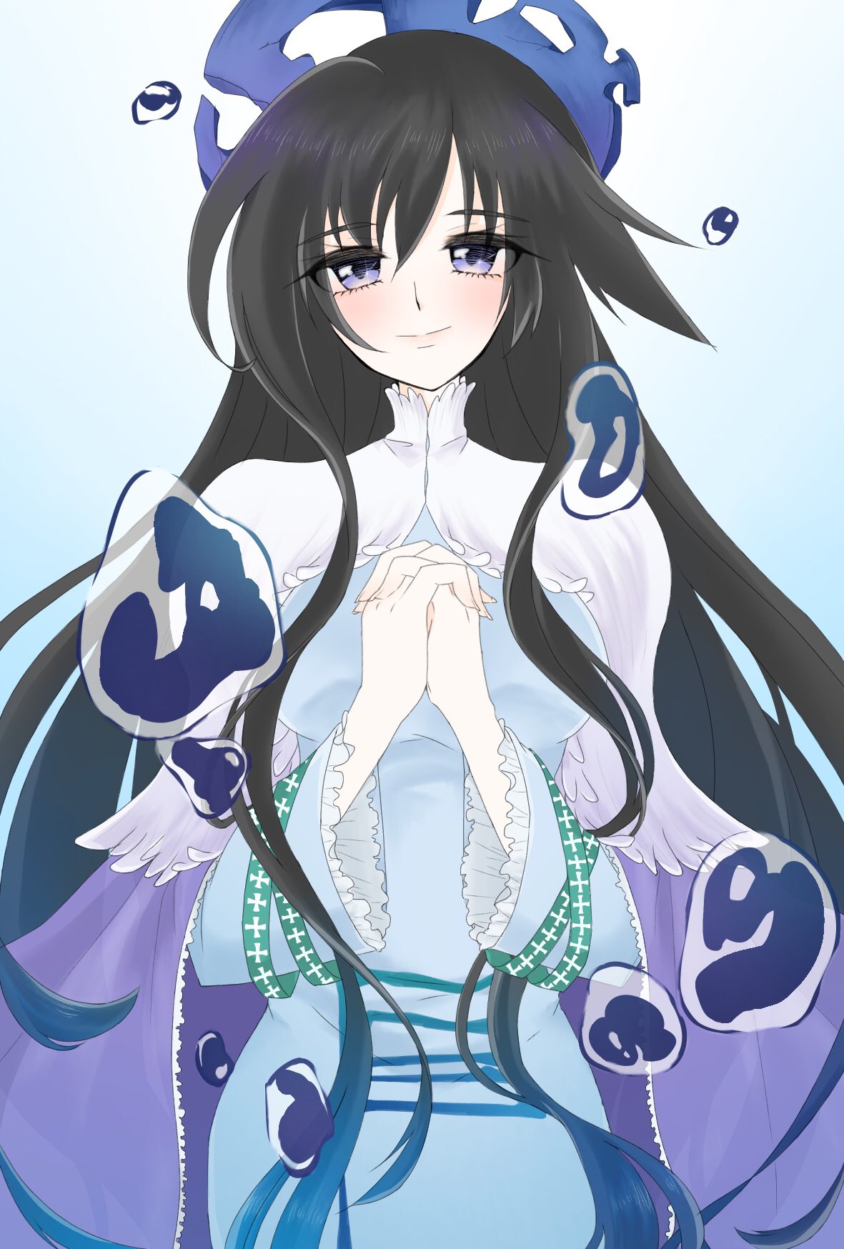 1girl artist_request bangs black_hair blue_background blue_cape blue_eyes blush breasts cape eyebrows_visible_through_hair gradient gradient_background hair_between_eyes hands_clasped highres houshin_engi large_breasts long_hair looking_at_viewer own_hands_together ryuukitsu_koushu simple_background smile solo upper_body