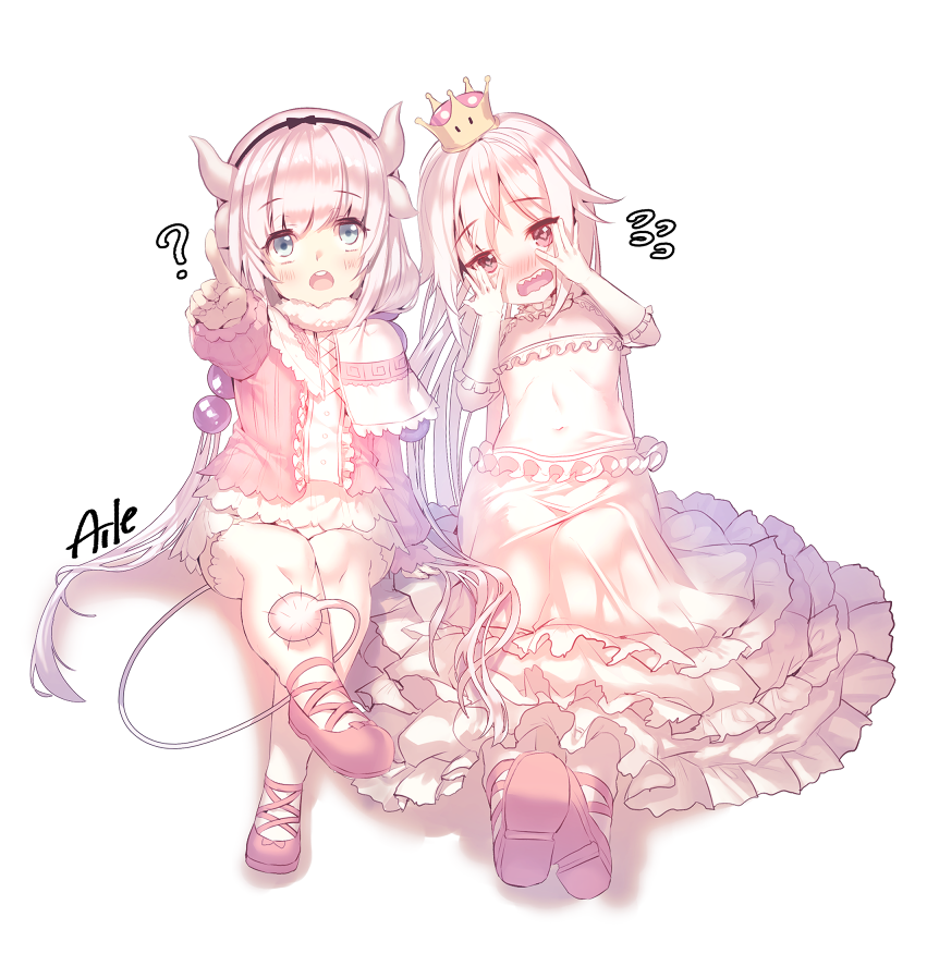 2girls ? aile_(crossroads) bangs beads black_bow black_hairband blue_eyes blunt_bangs blush bow capelet commentary_request covered_navel crown dragon_girl dragon_horns dragon_tail dress eyebrows_visible_through_hair flying_sweatdrops frilled_capelet frilled_dress frilled_gloves frills full_body gloves hair_beads hair_between_eyes hair_ornament hairband horns kanna_kamui kobayashi-san_chi_no_maidragon lavender_hair long_hair looking_at_viewer low_twintails luigi's_mansion super_mario_bros. multiple_girls new_super_mario_bros._u_deluxe nintendo open_mouth pink_footwear pointing princess_king_boo puffy_short_sleeves puffy_sleeves sharp_teeth short_sleeves simple_background sitting smile super_crown tail teeth thigh-highs twintails white_background white_dress white_gloves white_hair white_legwear