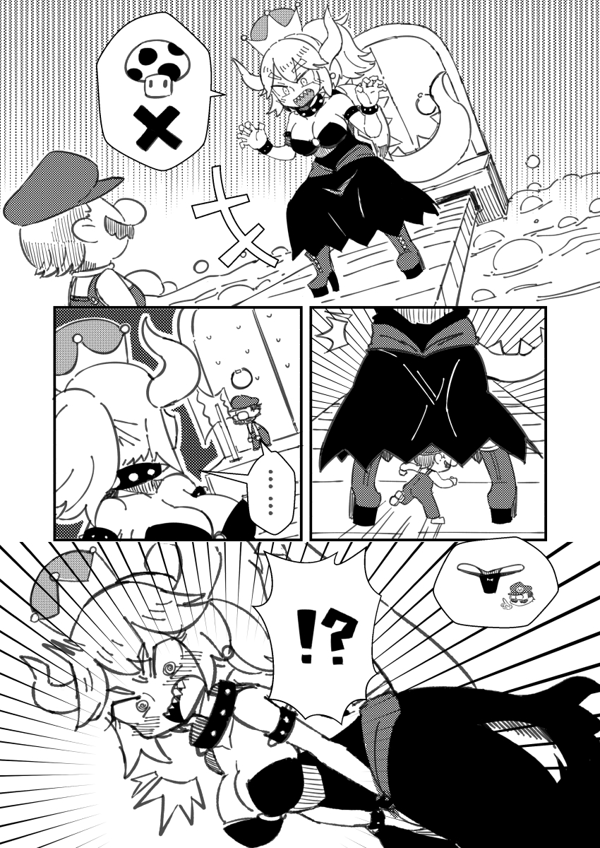 !? ... 1boy 1girl bare_shoulders blush bowsette bracelet collar comic covering crown dress embarrassed facial_hair genderswap genderswap_(mtf) highres horns jewelry mario super_mario_bros. monochrome mustache new_super_mario_bros._u_deluxe nintendo open_mouth panties plumber ponytail spiked_bracelet spiked_collar spiked_tail spikes super_crown super_mario_bros. tail underwear zassou_maruko