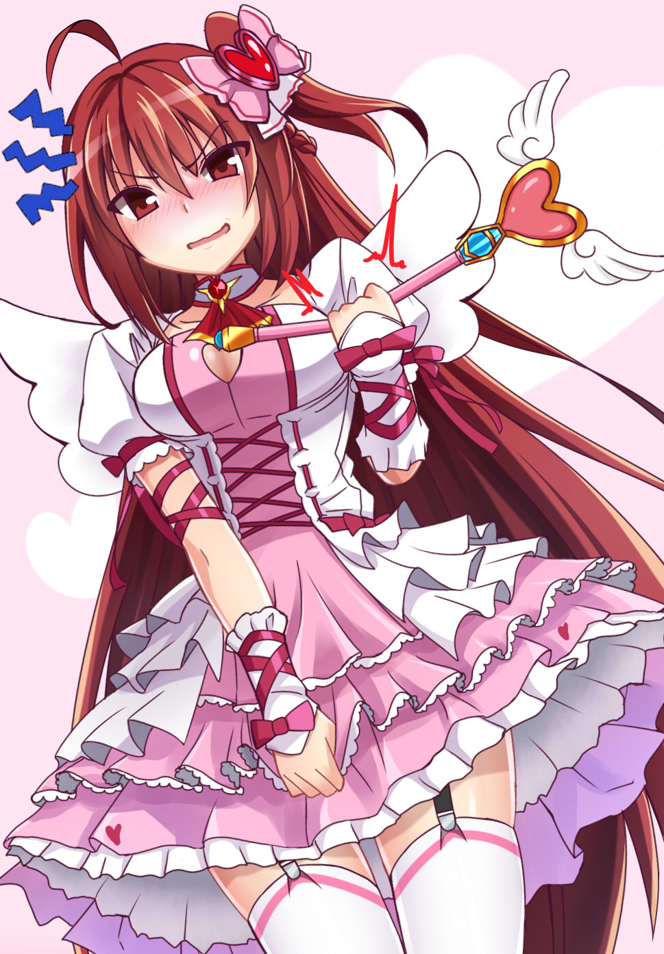 1girl alice360 blush breaking elesis_(elsword) elsword eyebrows_visible_through_hair grand_master_(elsword) hair_ornament highres long_hair magical_girl red_eyes redhead simple_background skirt wand wings