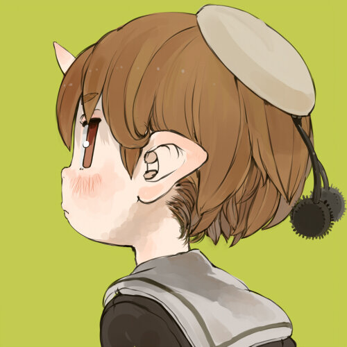 1girl black_shirt blush brown_eyes brown_hair closed_mouth commentary_request ebimomo eyebrows_visible_through_hair from_behind grey_sailor_collar hat horn looking_at_viewer looking_back lowres original pointy_ears pom_pom_(clothes) portrait sailor_collar sailor_hat school_uniform serafuku shirt short_hair simple_background solo yellow_background