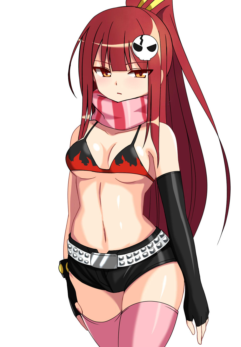 1girl alice360 collarbone elesis_(elsword) elsword eyebrows_visible_through_hair highres long_hair midriff navel ponytail redhead scarf skull tengen_toppa_gurren_lagann yellow_eyes yoko_littner