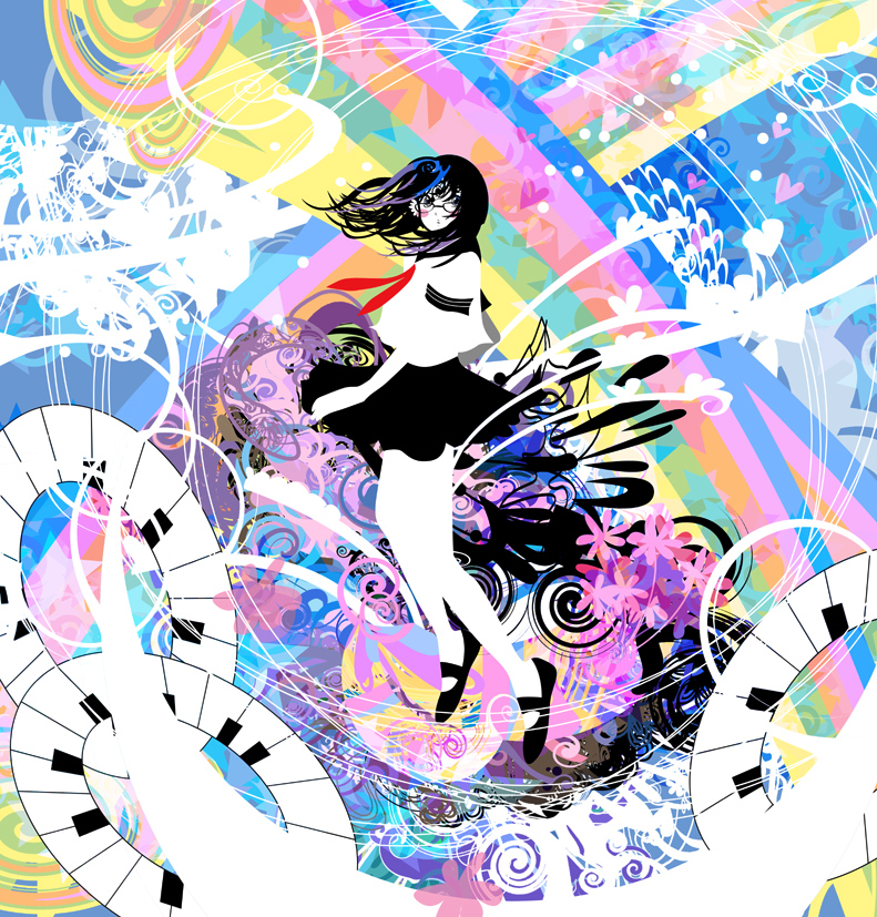 1girl abstract colorful glasses instrument kazaana original piano rainbow school_uniform solo