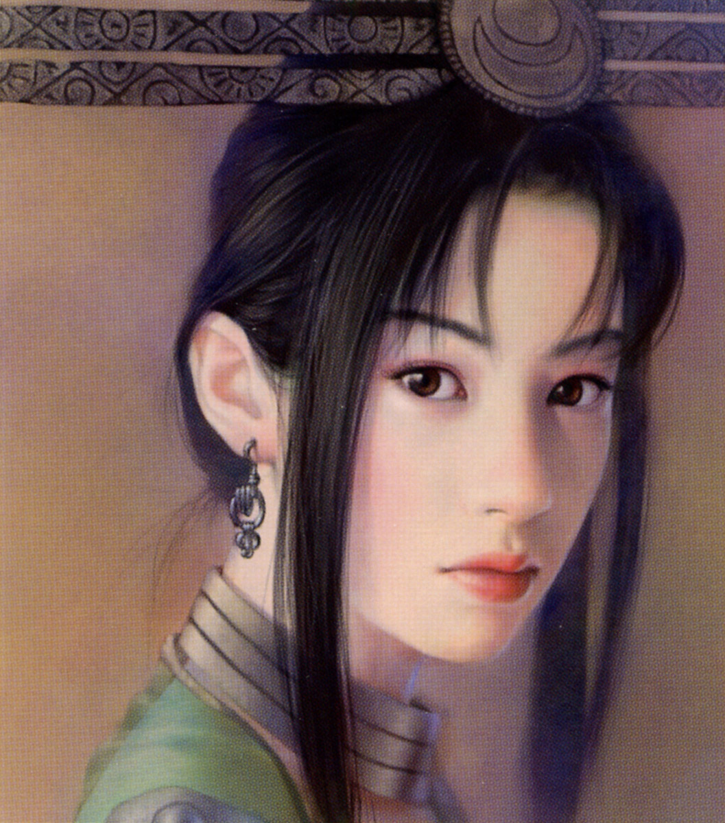 brown_eyes chen_shu_fen earrings hair_ornament highres jewelry realistic scan scan_artifacts