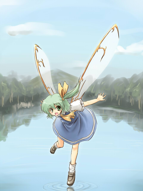 bow daiyousei dress flying green_eyes green_hair hair_ribbon hair_ribbons kakkou lake open_mouth outstretched_arms ponytail reflection ribbon ribbons ripples short_hair side_ponytail smile socks spread_arms standing_on_one_leg touhou water wings