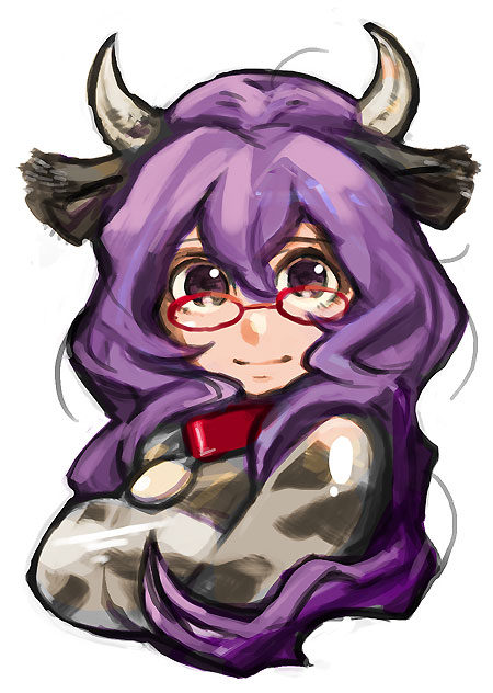 breasts collar cow_ears cow_girl cowgirl face glasses horns huge_breasts kumatanchi purple_hair saitou_yahu ushi-oneesan ushimimi