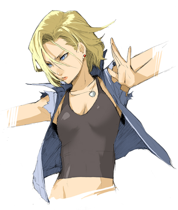 android_18 blonde_hair blue_eyes dragon_ball dragon_ball_z dragonball dragonball_z earrings enami_katsumi jewelry midriff necklace short_hair solo tank_top vest white_background