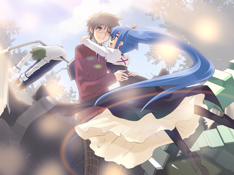 arthur_matsuda blue_eyes blue_hair boots brown_eyes brown_hair cloud couple dress eye_contact game_cg glasses green_hair hair_ornament hairclip hug itou_noiji lens_flare lolita_fashion long_hair nanatsuiro_drops nature necktie open_mouth outdoors plaid ponytail profile rainbow school_uniform short_hair side_ponytail sky smile spiked_hair tree tsuwabuki_masaharu very_long_hair yuuki_nona