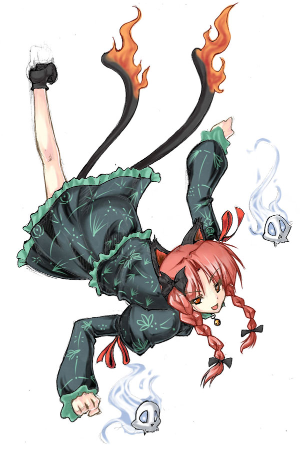 bell braid cat_ears cat_tail fire floating_skull flying jingle_bell kaenbyou_rin multiple_tails piromizu red_eyes red_hair redhead ribbon skull tail tail-tip_fire touhou twin_braids twintails