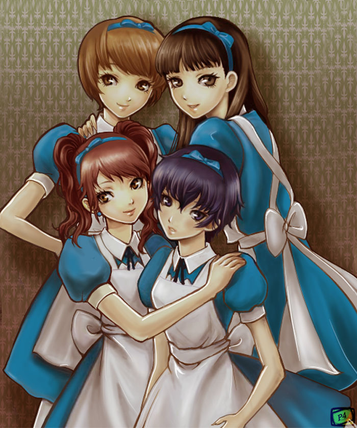4girls alice_(cosplay) amagi_yukiko hair_ribbon hair_ribbons kujikawa_rise maid multiple_girls persona persona_4 ribbon ribbons satonaka_chie shirogane_naoto y-chan