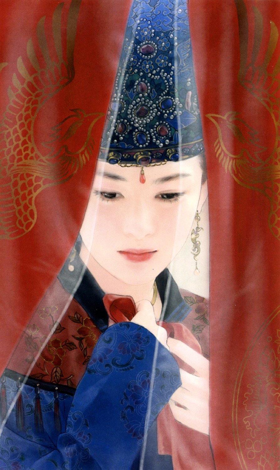 black_hair chen_shu_fen chinese_clothes curtains earrings hanfu hat highres jewelry realistic