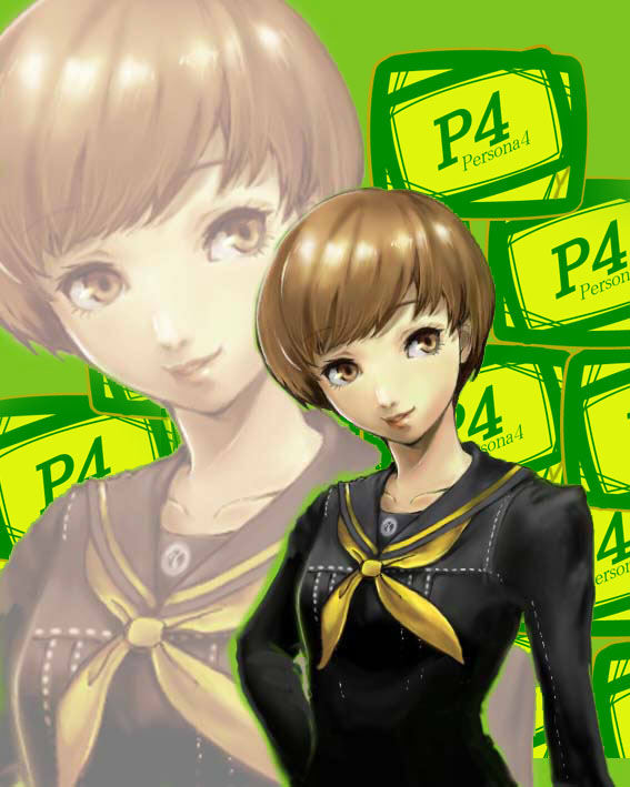 brown_hair flat_chest persona persona_4 satonaka_chie school_uniform short_hair smile solo y-chan zoom_layer