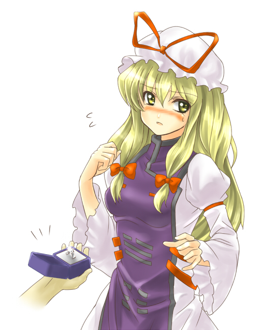 blonde_hair blush bow hair_bow hat jewelry long_hair marriage_proposal proposal ring sweatdrop takemori_shintarou touhou yakumo_yukari yellow_eyes