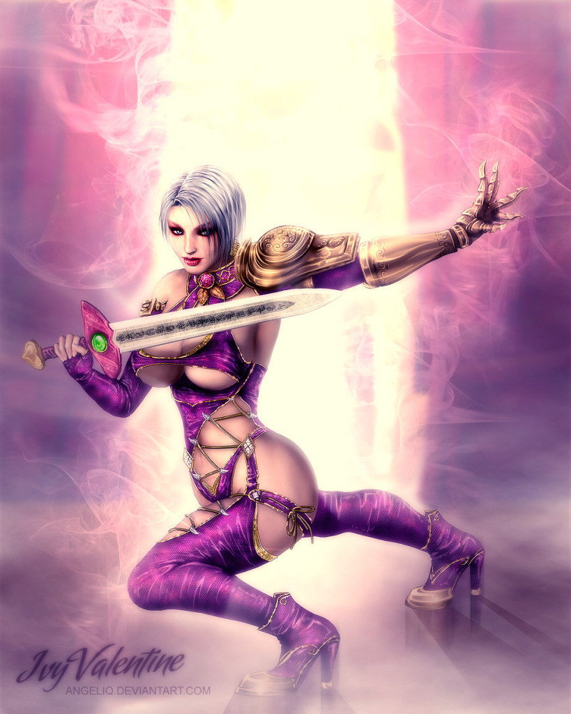 bent_over blue_eyes boots breasts character_name fighting_stance gloves high_heels isabella_valentine large_breasts leather lipstick midriff namco shoes short_hair soul_calibur soul_calibur_iv soulcalibur soulcalibur_iv sword thighhighs thighs under_boob underboob weapon white_hair