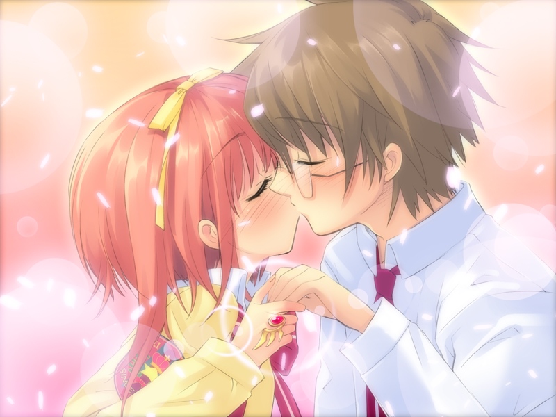 1girl akihime_sumomo blush bow brown_hair cherry_blossoms close-up closed_eyes couple flat_chest game_cg glasses glowing hair_bow hand_holding holding_hands itou_noiji jewelry kiss nanatsuiro_drops necktie petals pink_hair redhead ribbon ribbons ring school_uniform short_hair spiked_hair sweater tsuwabuki_masaharu twintails