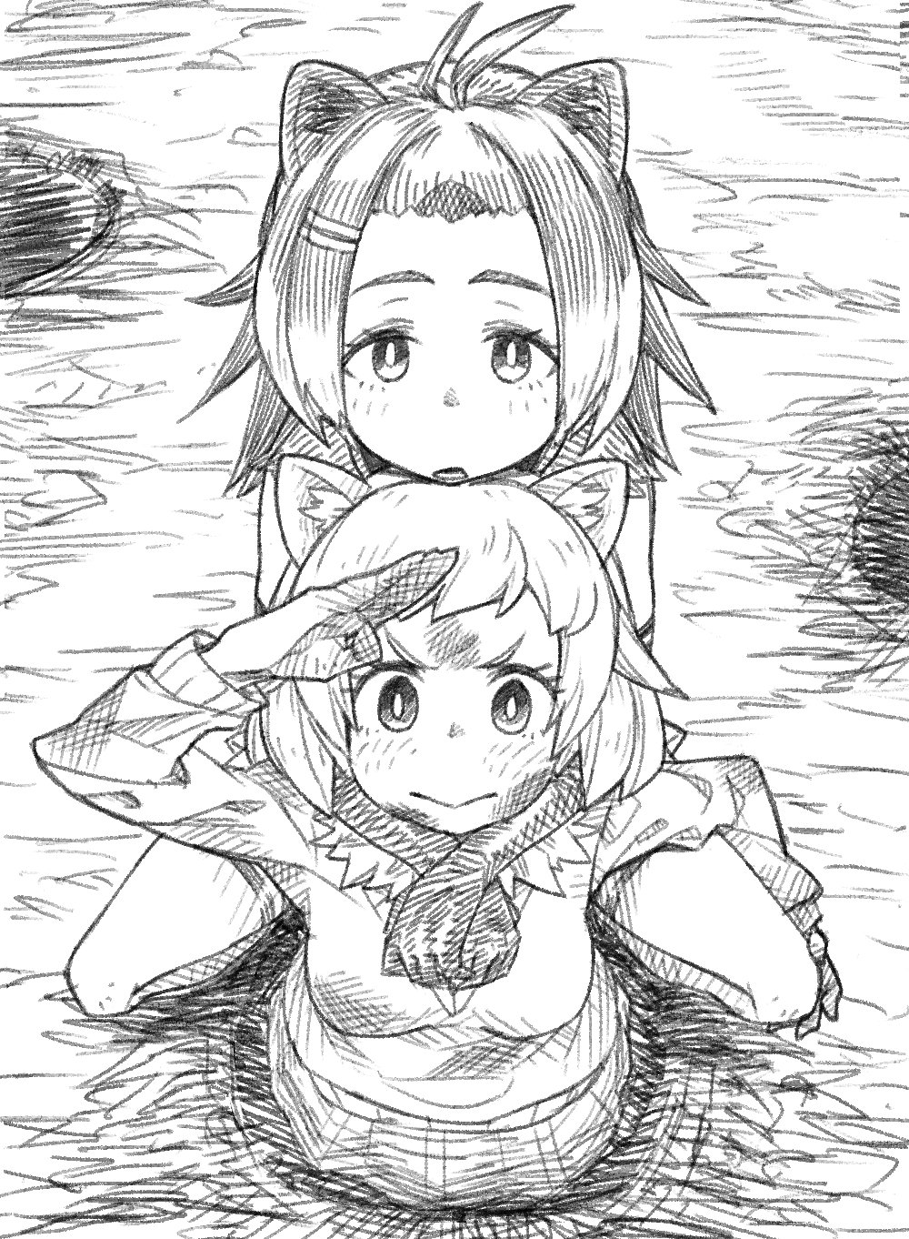 american_beaver_(kemono_friends) animal_ears beaver_ears beaver_tail black-tailed_prairie_dog_(kemono_friends) chin_on_head chin_rest dirty_face fur_collar highres hole hug hug_from_behind kemono_friends kr_act monochrome prairie_dog_ears prairie_dog_tail tail