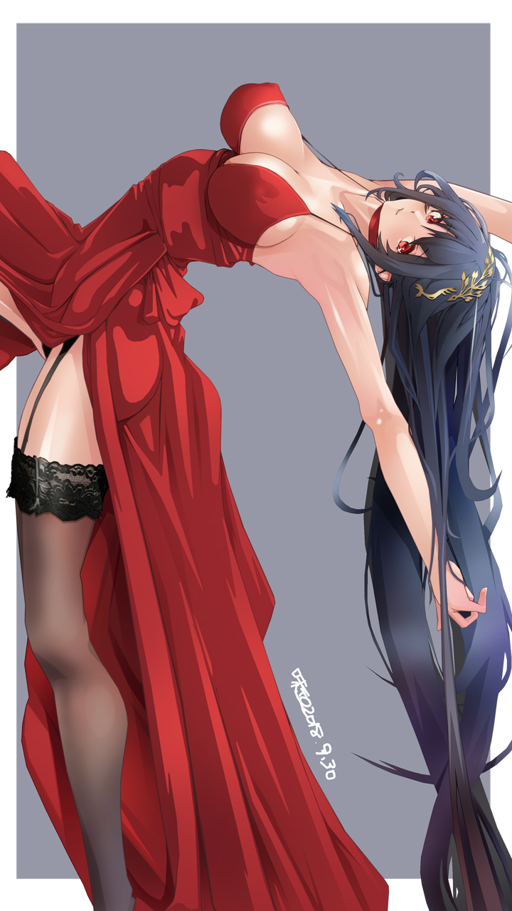 1girl ahoge alternate_costume armpits arms_up azitama_atsushi_(attyuu) azur_lane bangs bare_shoulders black_hair black_legwear black_panties blush breasts choker cleavage closed_mouth cocktail_dress collarbone dated dress eyebrows_visible_through_hair garter_straps gold hair_between_eyes hair_ornament highres huge_breasts lace-trimmed_legwear large_breasts leaning_back leg_up long_hair long_legs looking_at_viewer outside_border panties red_choker red_dress red_eyes sidelocks signature simple_background smile solo standing standing_on_one_leg taihou_(azur_lane) underwear very_long_hair