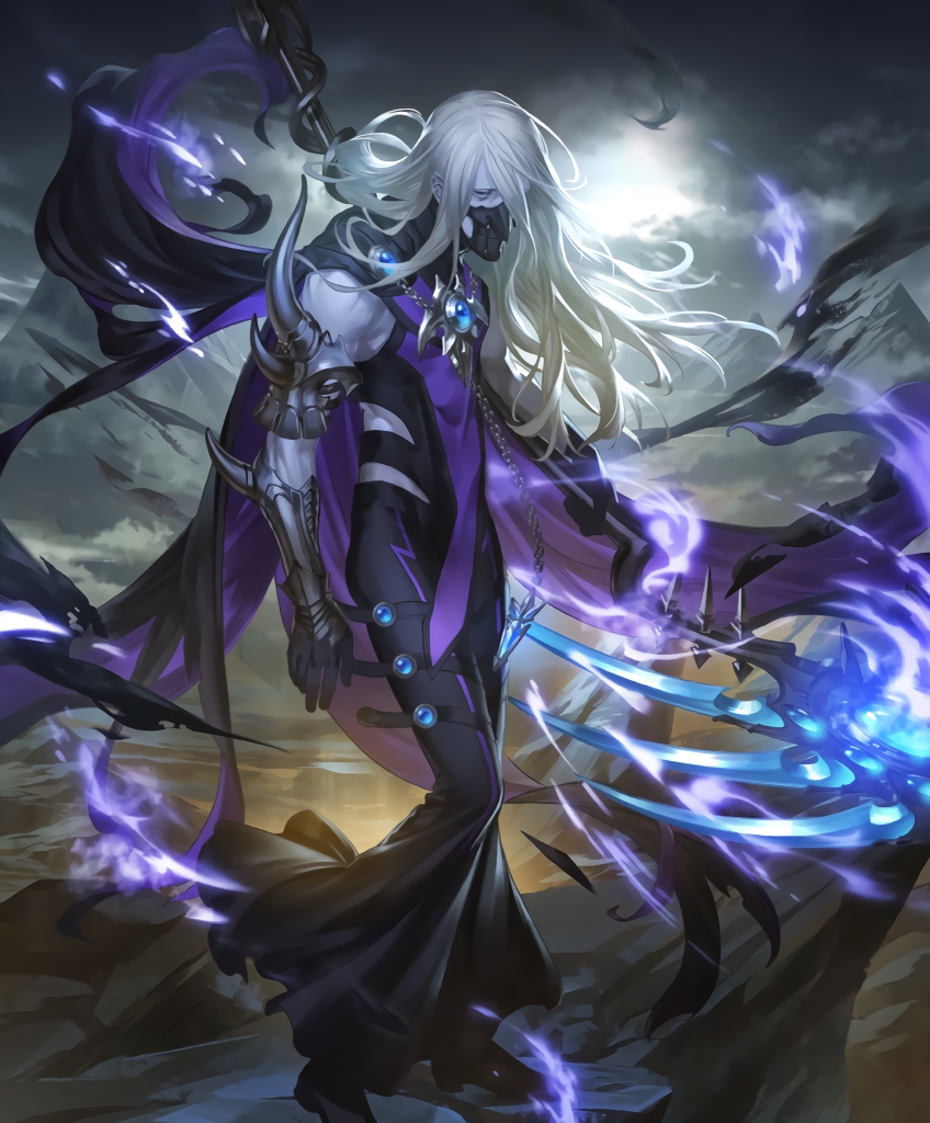 1boy artist_request cape cygames gauntlets half-closed_eyes holding holding_weapon jewelry long_hair looking_at_viewer mask mountain official_art pale_skin pendant rulenye_omen_of_silence scythe shadowverse tabard weapon white_hair