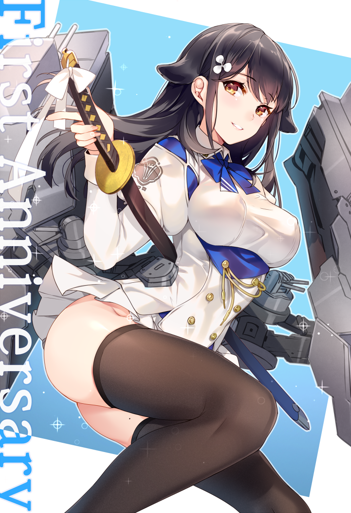 1girl aiguillette aki663 anniversary azur_lane bangs black_hair black_legwear blue_background blue_bow blue_neckwear blush bow bowtie breasts brown_eyes choukai_(azur_lane) commentary_request corset double-breasted dutch_angle emblem eyebrows_visible_through_hair fingernails hair_flaps hair_ornament holding holding_sword holding_weapon index_finger_raised juliet_sleeves katana leg_up long_hair long_sleeves looking_at_viewer machinery medium_breasts microskirt military military_uniform mole_on_thigh nail_polish nose_blush parted_lips pink_lips pink_nails pleated_skirt puffy_sleeves shiny shiny_hair skirt solo sparkle sword thigh-highs turret two-tone_background uniform weapon white_bow white_skirt