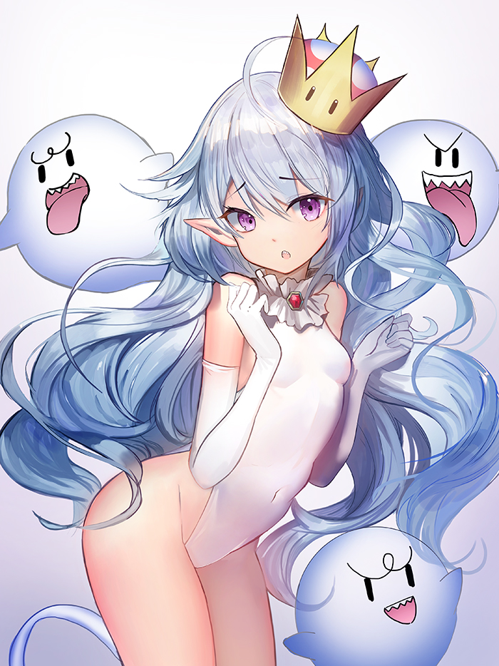 1girl ahoge bare_shoulders boo breasts commentary covered_navel crown elbow_gloves eyebrows_visible_through_hair fuyouchu gloves hands_up leotard long_hair looking_at_viewer luigi's_mansion super_mario_bros. new_super_mario_bros._u_deluxe nintendo open_mouth pointy_ears princess_king_boo sharp_teeth silver_hair small_breasts super_crown teeth tongue tongue_out very_long_hair violet_eyes white_gloves white_leotard